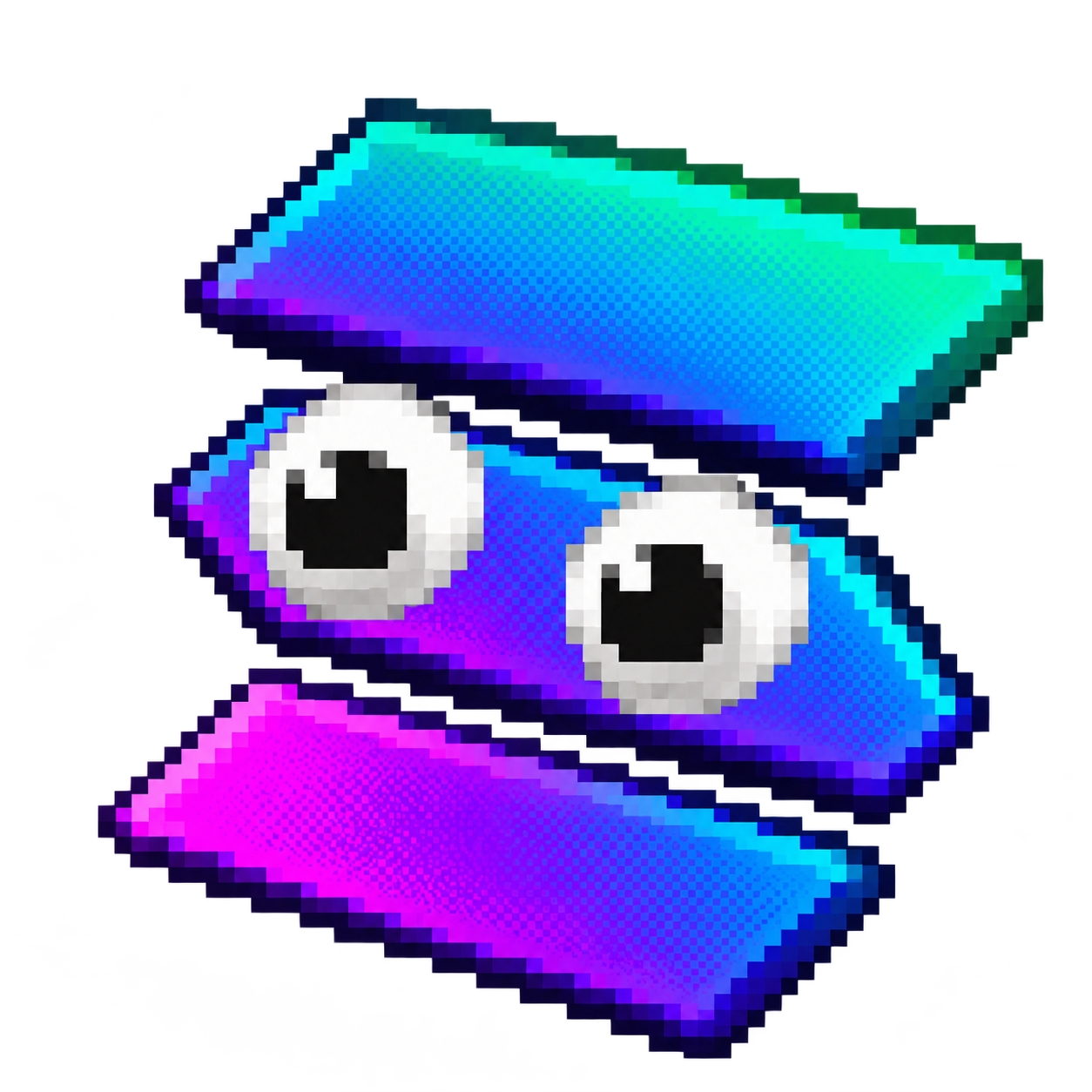 SOLLY: a colorful pixel character with two big curious eyes